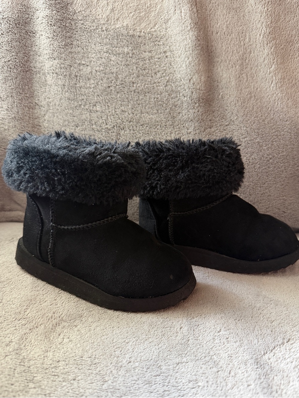Kids Black Faux Fur Cuff Winter Boots